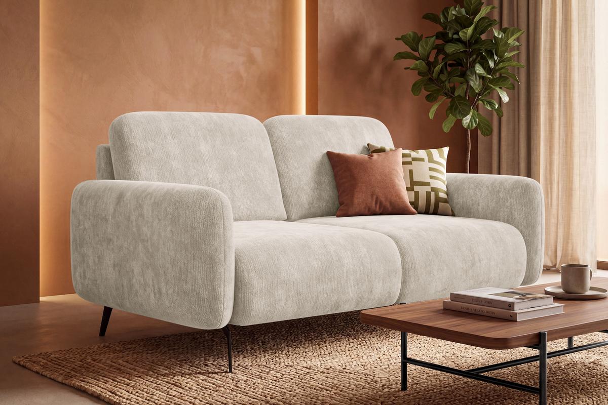 SOFA FEBE 2-Sitzer, cremefarbener Chenille-Stoff - Creme/Schwarz, Holz/Textil (160/82/96cm) - Wozimo