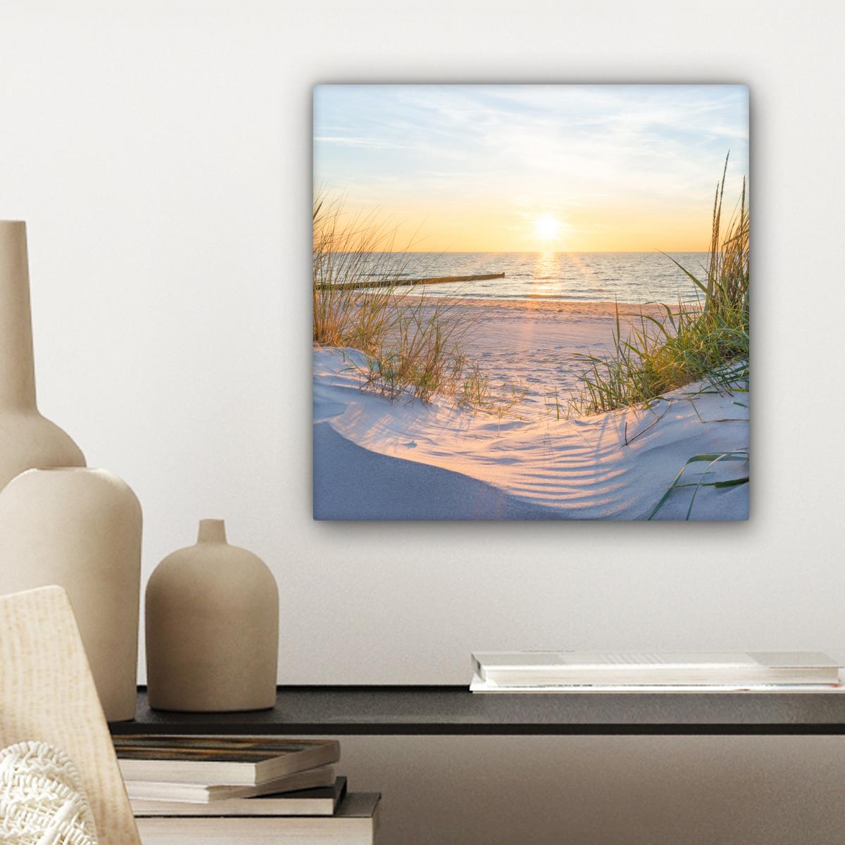 LEINWANDBILD Strand - Sonne - Düne - Gras - Sand - Horizont Deko Wohnzimmer 20x20 cm - Hellblau, Textil (20/20cm) - MuchoWow