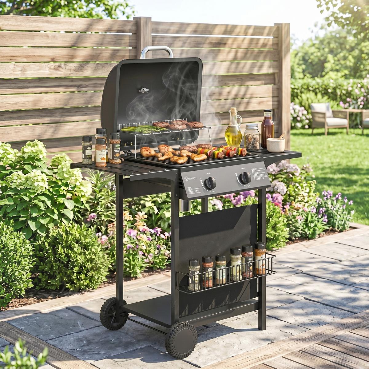 GASGRILL mit 2 Brenner aus Metall Schwarz - Schwarz, Metall (56/95/99cm) - Outsunny
