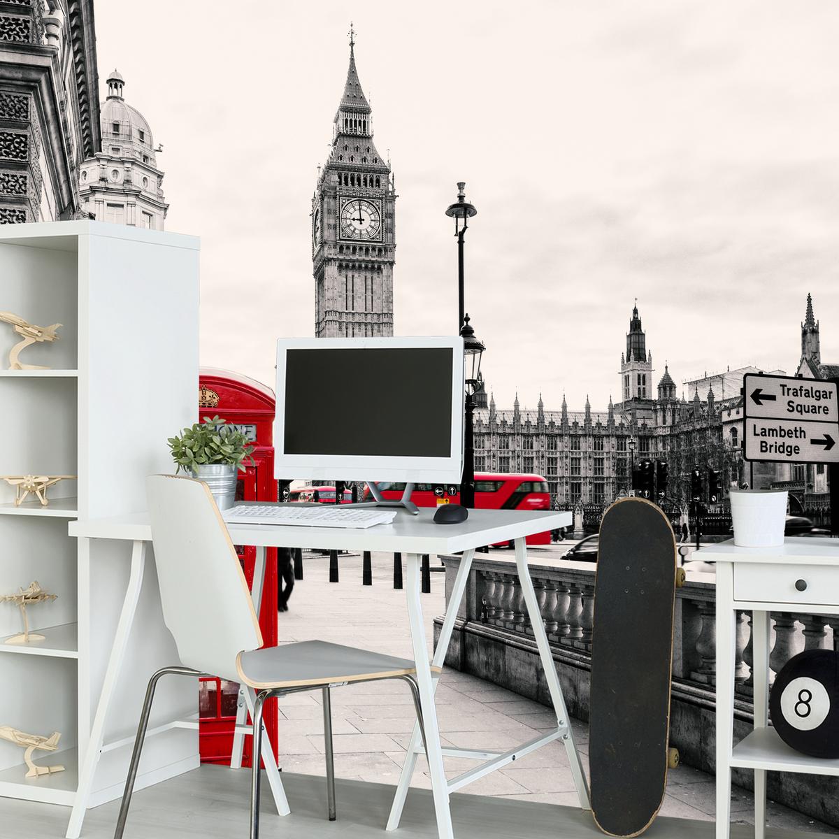 FOTOTAPETE für Wohnzimmer Rote Telefonzelle London BIG BEN Bus 400x280 - Beige/Rot, Papier (400/280cm) - Muralo