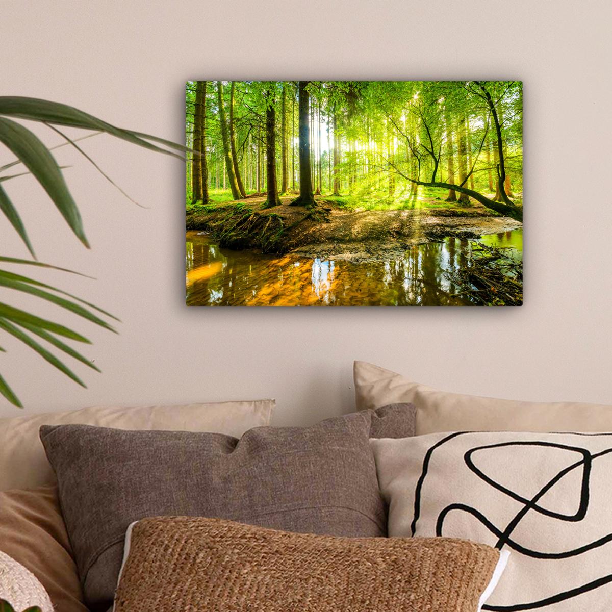 LEINWANDBILD Wald - Landschaft - Wasser - Bäume - Sonne - Grün - Natur Deko Schlafzimmer 30x20 cm - Grün, Textil (30/20cm) - MuchoWow