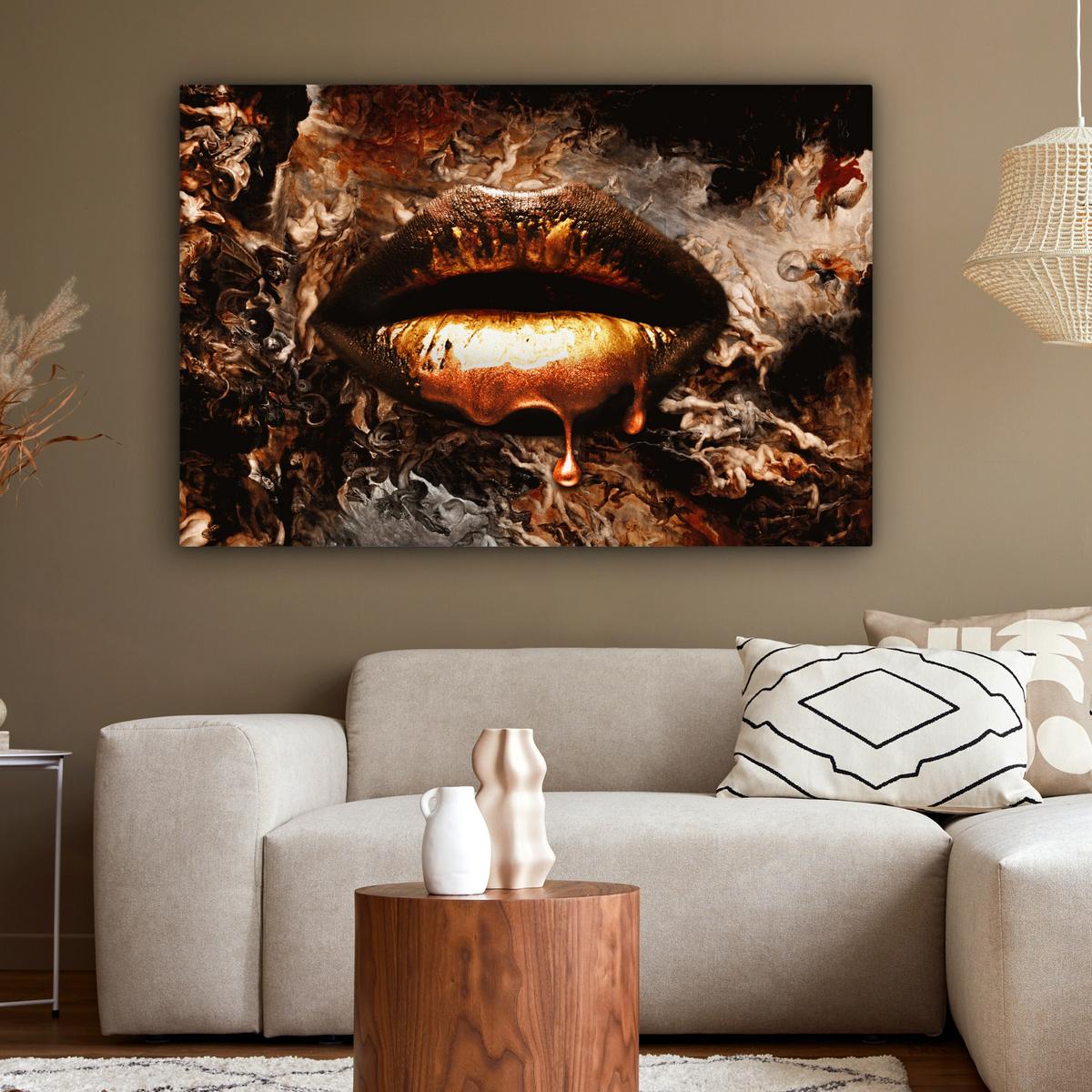 LEINWANDBILD Gold - Lippen - Kunst - Gold - Luxus - Abstrakt XXL 150x100 cm - Kupferfarben, Textil (150/100cm) - MuchoWow