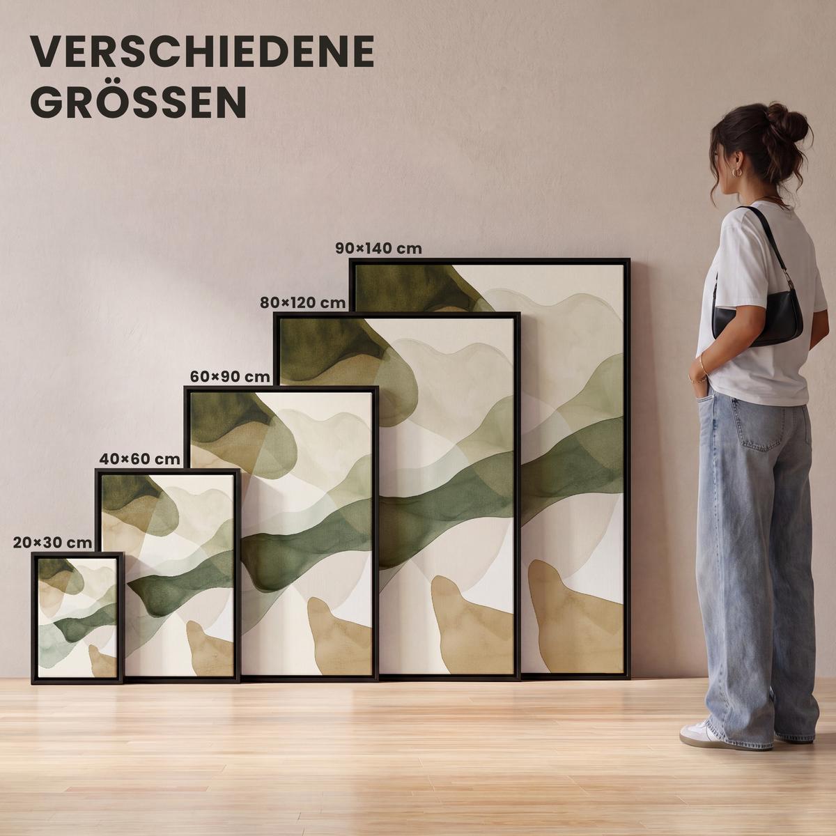 LEINWAND Bilder mit Rahmen - Japandi - Abstrakt - Grün - 90x140 - Salbeigrün, Textil (90/140cm) - MuchoWow