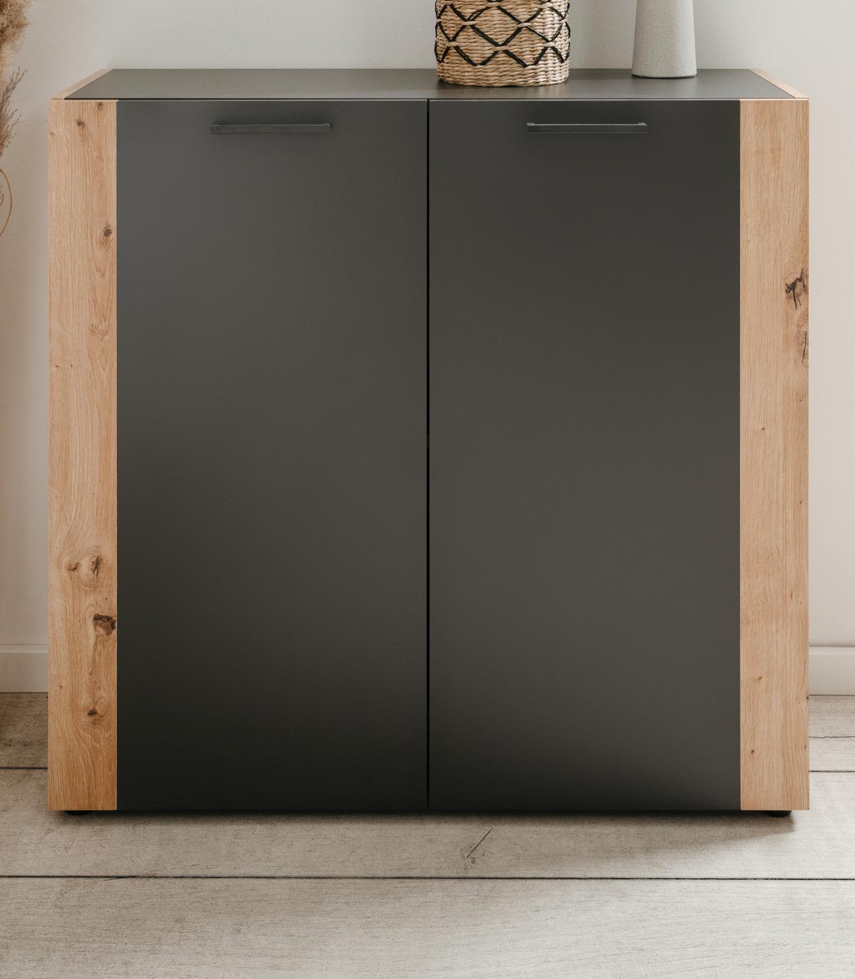 KOMMODE grau, Artisan Eiche 89 x 85 cm, Sideboard 2-türig - Anthrazit/Schwarz, Holzwerkstoff/Kunststoff (89/85/34.5cm) - Furn.Design