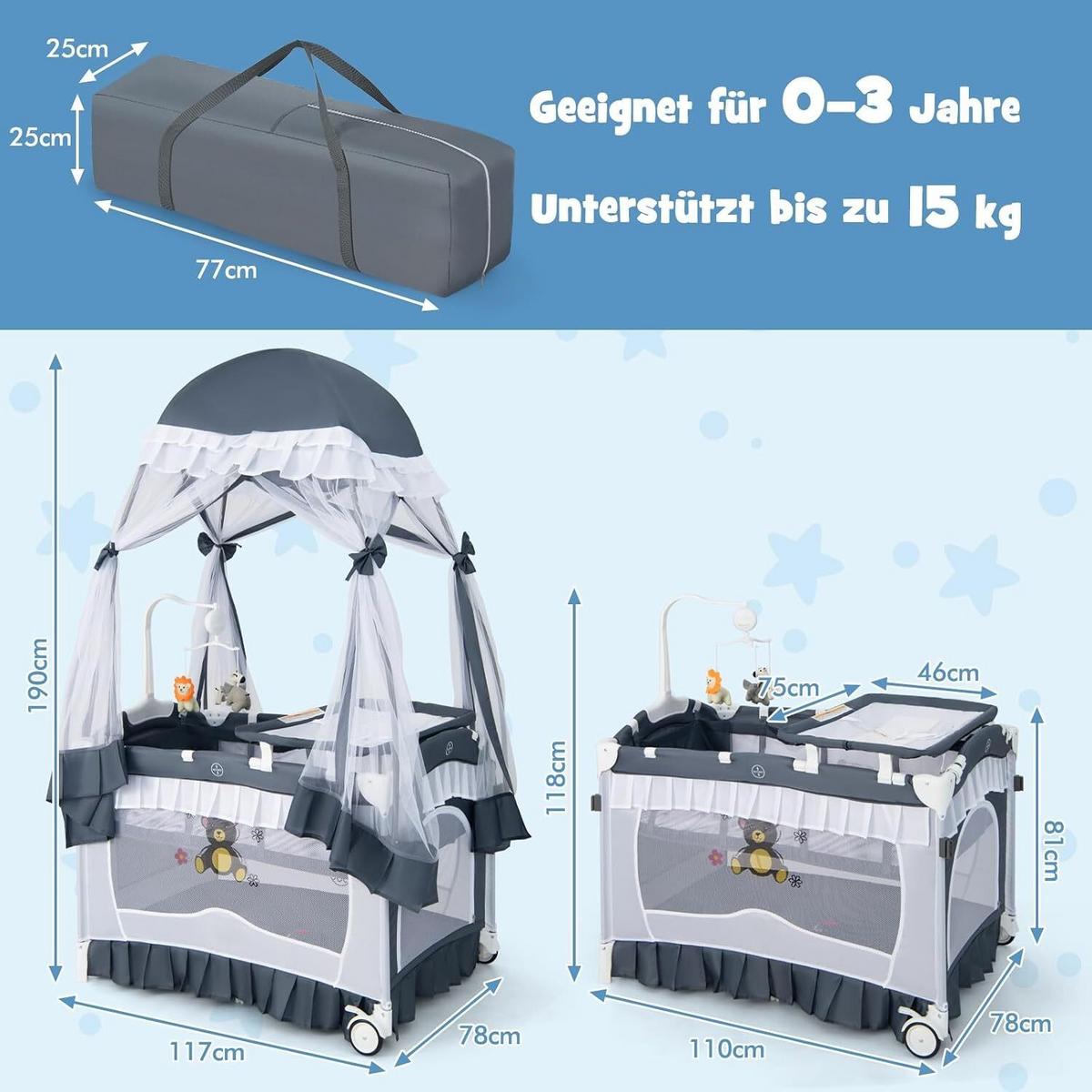 BABYBETT mit abnehmbarem Baldachin grau - Grau, Textil - COSTWAY