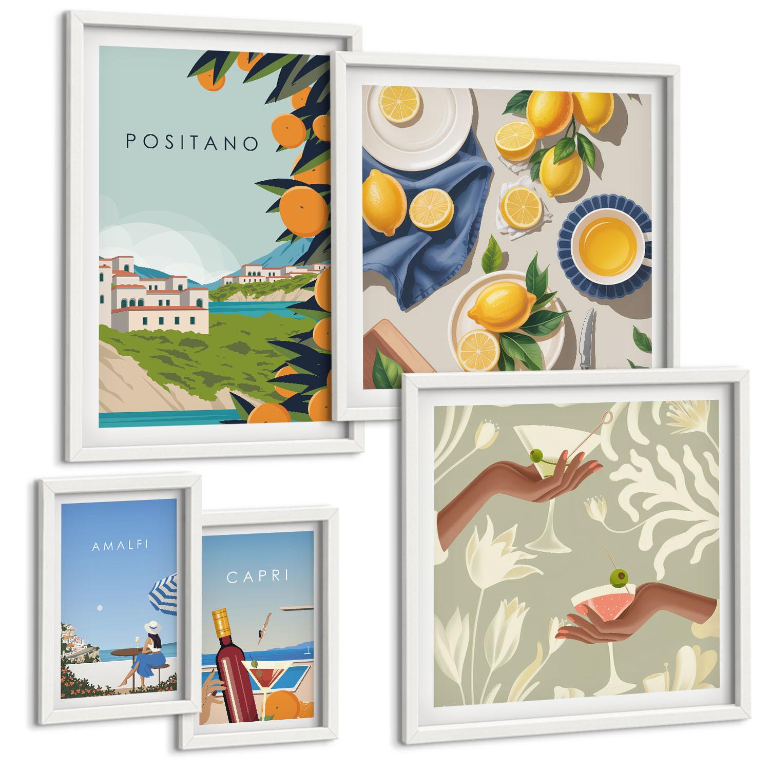 BILDER SET 5er Set - 50x50 cm & 20x30 cm & 40x60 cm Weißer Rahmen - Fruchtmuster und italienische Kultur - Weiß, Kunststoff (40/60cm) - TULUP