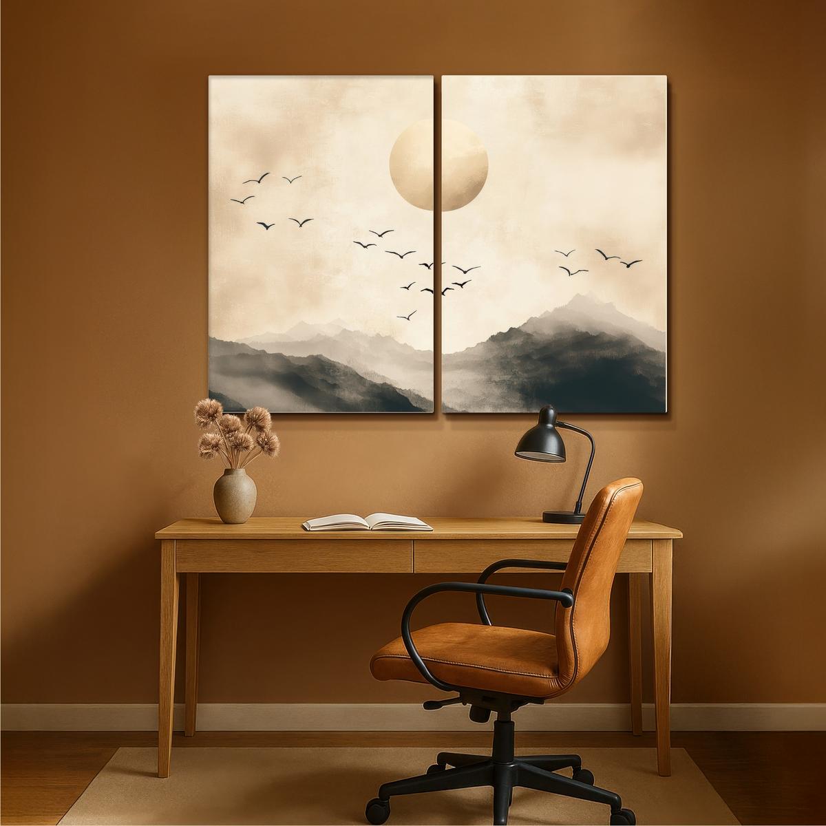 LEINWANDBILD 2er Set Landschaft - Japandi - Beige - Vögel 160x120 cm - Beige, Textil (160/120cm) - MuchoWow