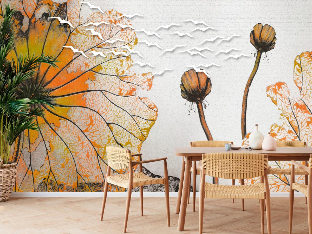 FOTOTAPETE für Esszimmer Große Abstrakte Orange Blumen Blätter 400x280 - Gelb/Orange, Papier (400/280cm) - Muralo