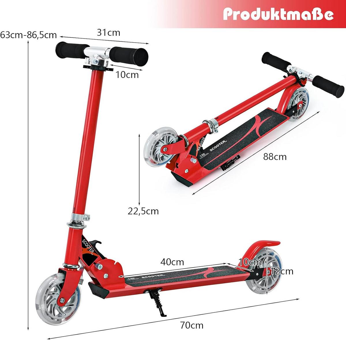 SCOOTER 85cm Rot - Rot, Metall (70/85/10cm) - COSTWAY