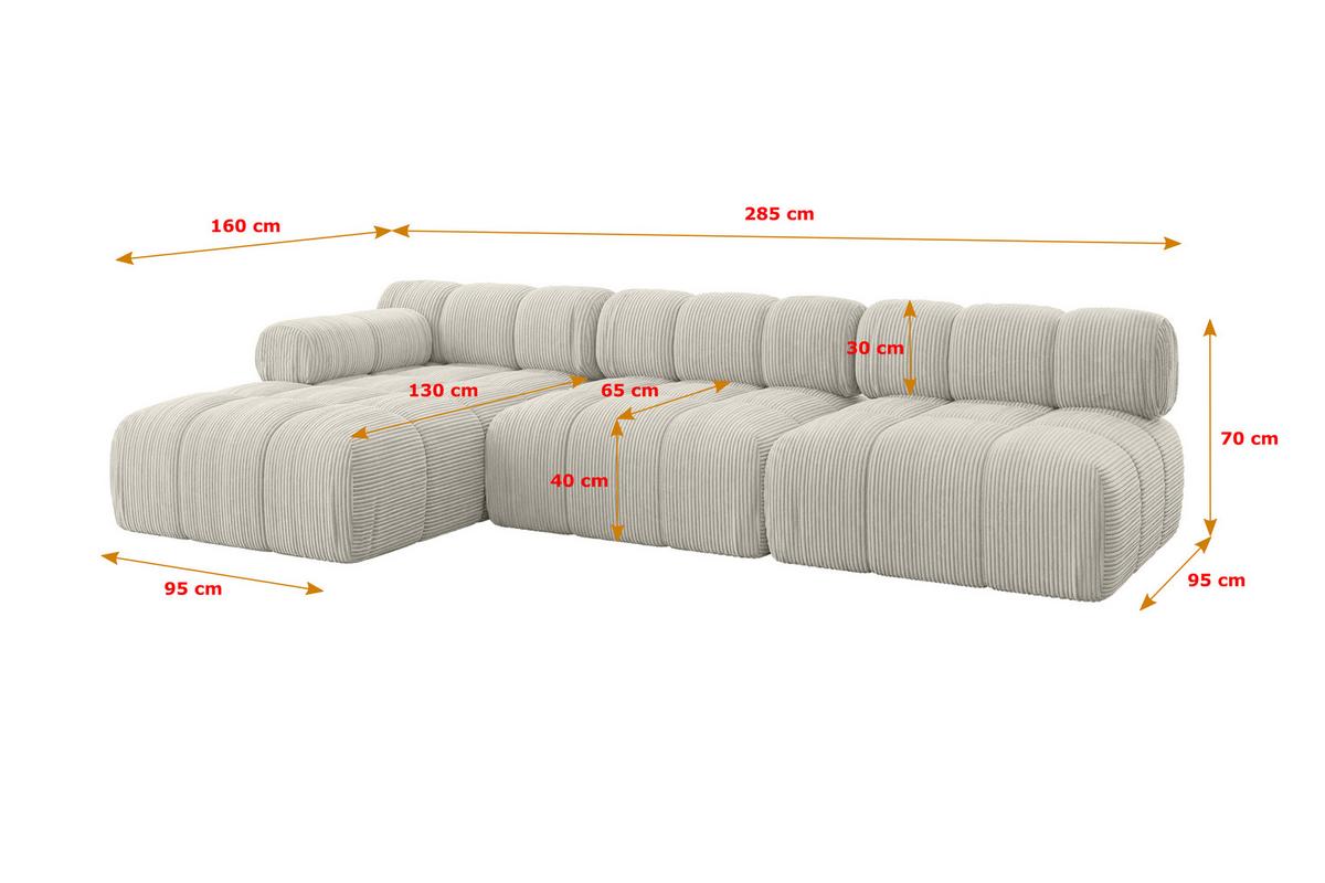 ECKSOFA modulares Sofa Razon-L2 - 285x160x70 cm Creme Cord - Hellgrau/Creme, Holzwerkstoff/Textil (285/160cm) - ALTDECOR