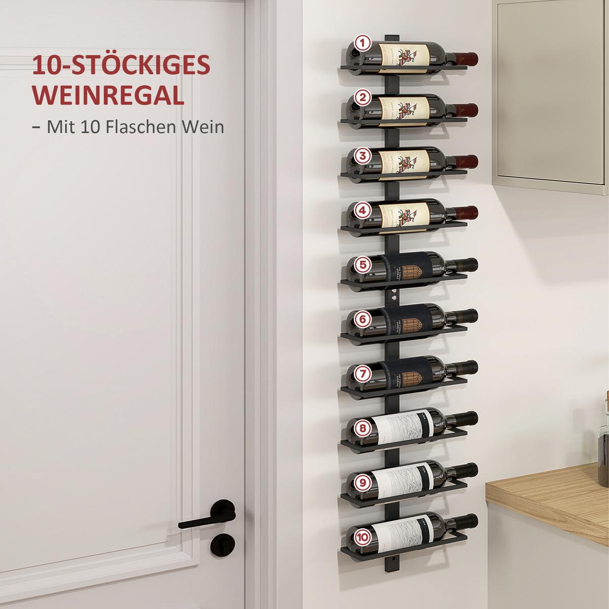 WEINREGAL Flaschenregal zur Wandmontage für 10 Weinflaschen, Stahl Schwarz - Schwarz, Metall (10/116/27cm) - HOMCOM