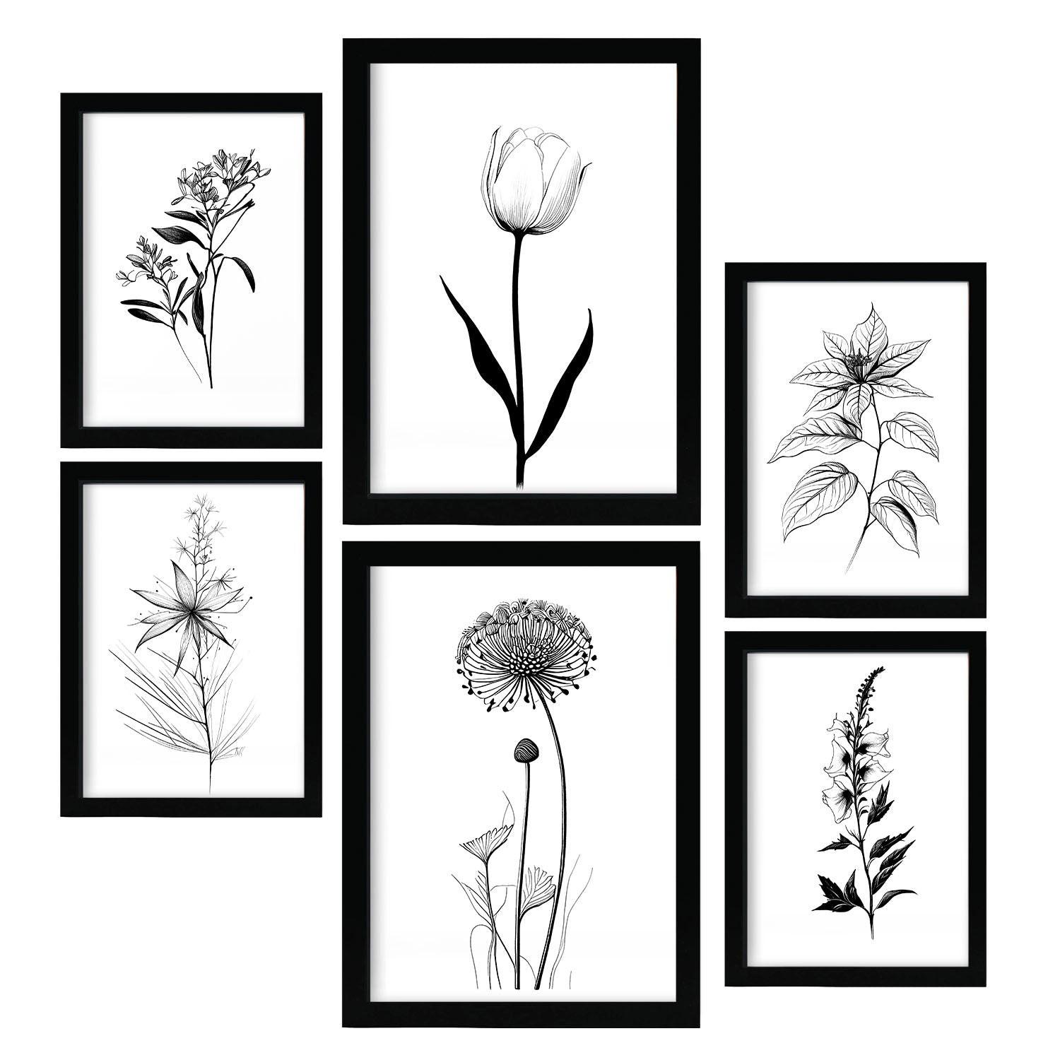 POSTER Set Mit 6 Kleine Blumen Natur Und Botanikdrucke Mit Blumenmotiven In Klassischem Schwarz Und Weiß Innenarchitektur A3 & A4 Schwarzer Rahmen - Schwarz, Papier (29/3cm) - Nacnic