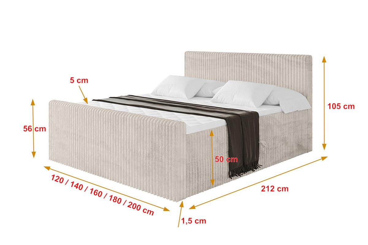 BOXBETT mit Matratze H4 und Lattenrost - TOLO-Z - 180x200 Cord - Creme - Creme, Holzwerkstoff (180/200cm) - ALTDECOR