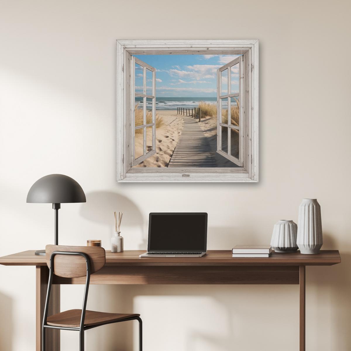 AKUSTIKBILD Fenster - Meer - Küste - Natur - Ausblick - Strand - Wattenmeer Akustikpaneele 80x80 cm - Beige, Kunststoff (80/80/0.9cm) - MuchoWow