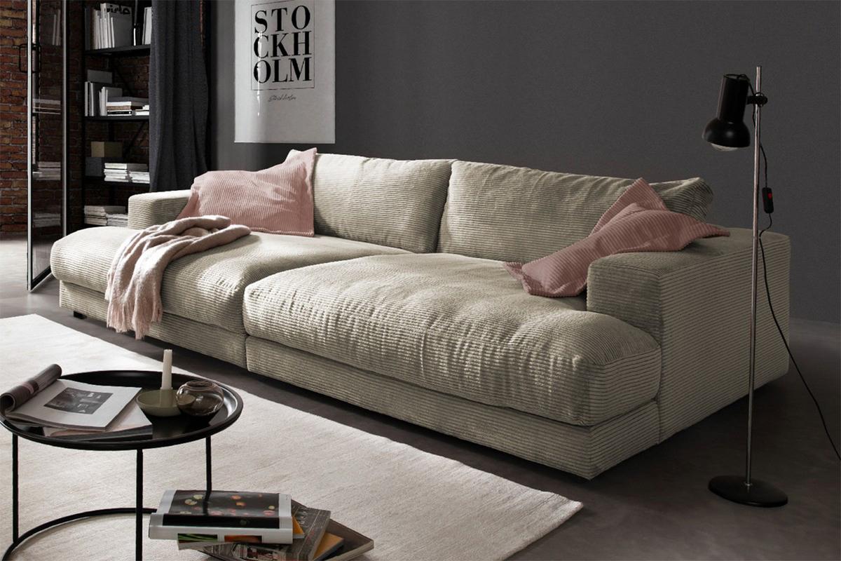 BIG SOFA XL MADELINE Cremeweiß Cord - Creme/Schwarz, Kunststoff/Textil (290/85/190cm) - KAWOLA