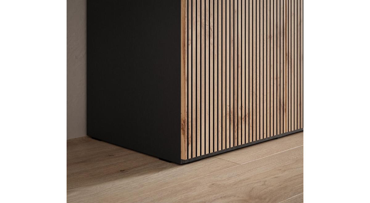 KLEIDERSCHRANK SANDBOX LOFT 300 303/49/200 cm Schwarzgraphit / Schwarzgraphit + Eiche Wotan + Schwarzes Glas mit LED 12 Zusatzböden - Eiche Wotan/Schwarz, Holzwerkstoff/Kunststoff (303/200/49cm) - Lookway
