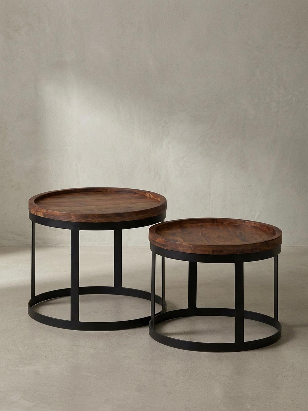 BEISTELLTISCH 2er Set Massivholz Metallgestell Rund Natur INDI, Braun 53x53x45 cm - Schwarz/Braun, Holz/Metall (53/53/45cm) - KADIMA DESIGN
