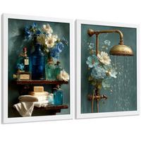 POSTER 2er-Set dekorative Badezimmer-Wandbilder, ästhetische Dusche und WC, Badezimmerdekoration mit Blumen Flaschen und Dusche Weißer Rahmen A4 - Weiß, Papier (29.7/21/3cm) - Nacnic