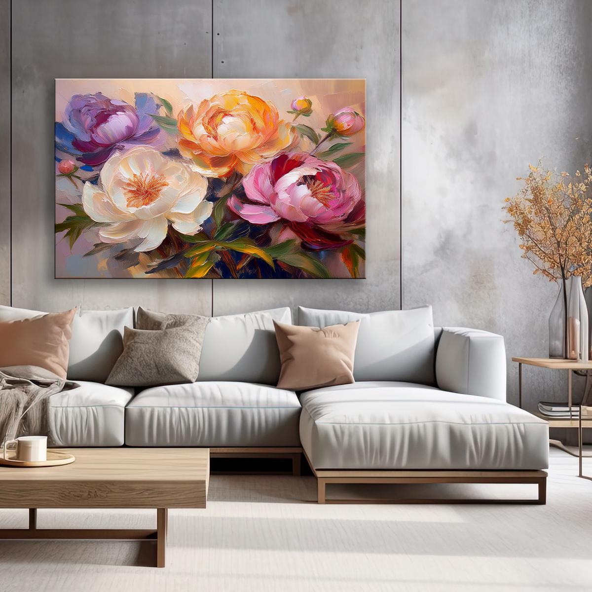 WANDBILD farbiger strauß pfingstrosenblumen - Multicolor, Textil (60/40cm) - Feeby