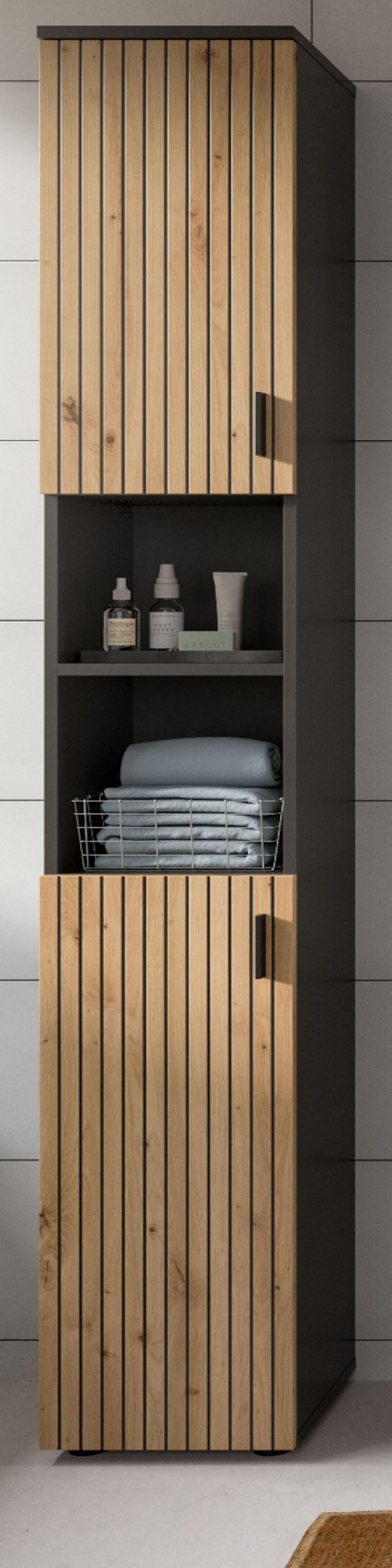 HOCHSCHRANK Eiche Artisan, grau 30 x 192 cm, Badschrank mit 6 Fächern - Schwarz/Eiche Artisan, Holzwerkstoff/Kunststoff (30/192/30cm) - Inn.Furn