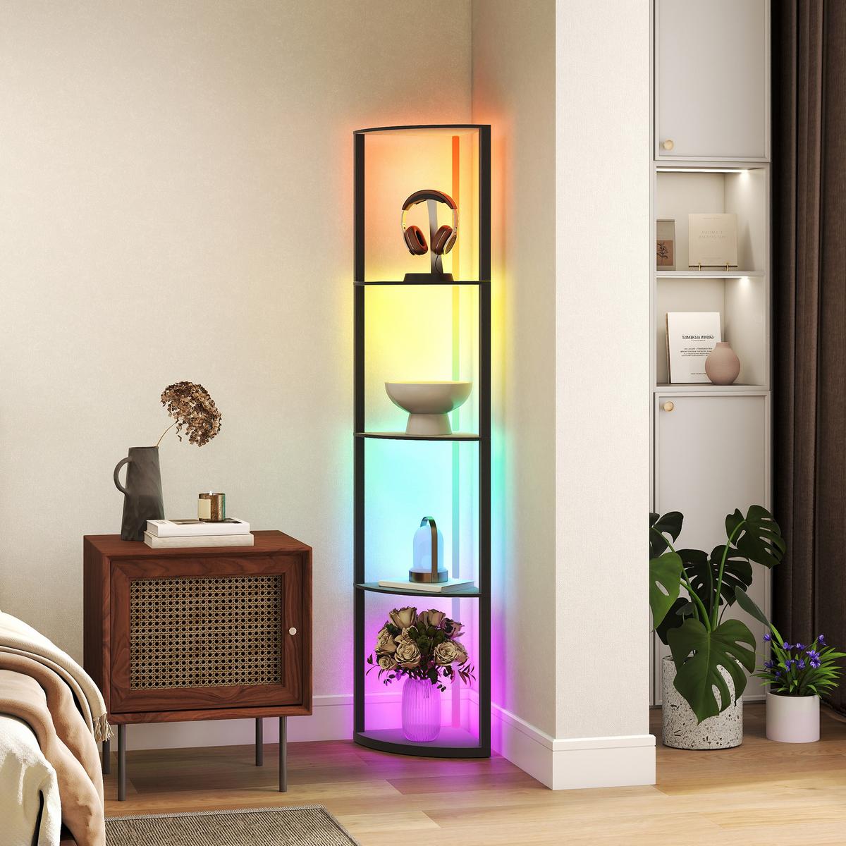 LED Stehlampe 5-stufige dimmbar Stehleuchte mit Regal, RGB Farbwechsel - Schwarz, Holzwerkstoff (42/29.5/163cm) - HOMCOM