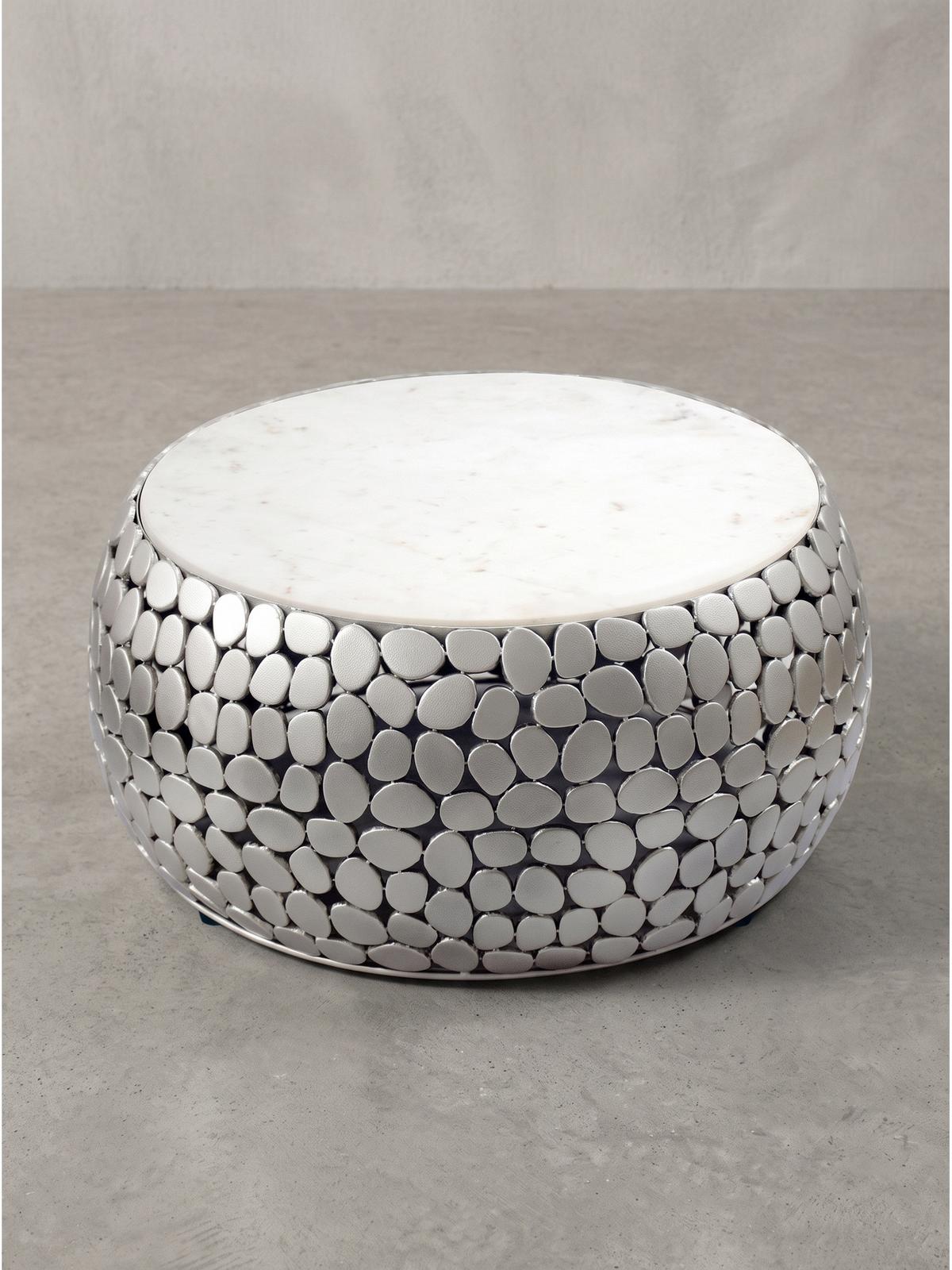 COUCHTISCH DIEMEL, Marmor, handgefertigt, Silber-Weiß, Ø 66 x 32 cm - Silberfarben, Stein/Metall (66/66/32cm) - KADIMA DESIGN