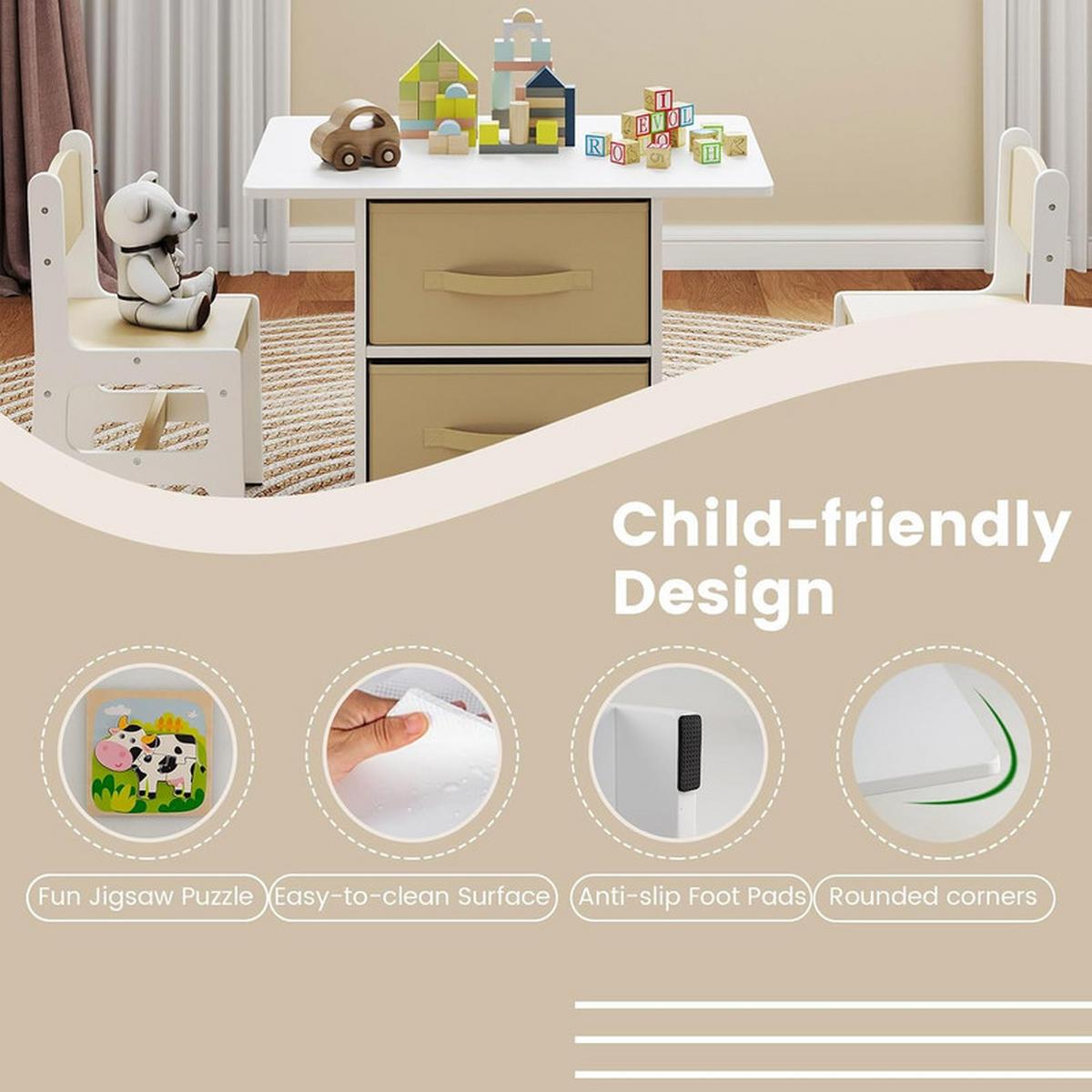 KINDERTISCHE mit Stühlen beige(3-tlg) - Beige, Holzwerkstoff (71/50/48cm) - COSTWAY