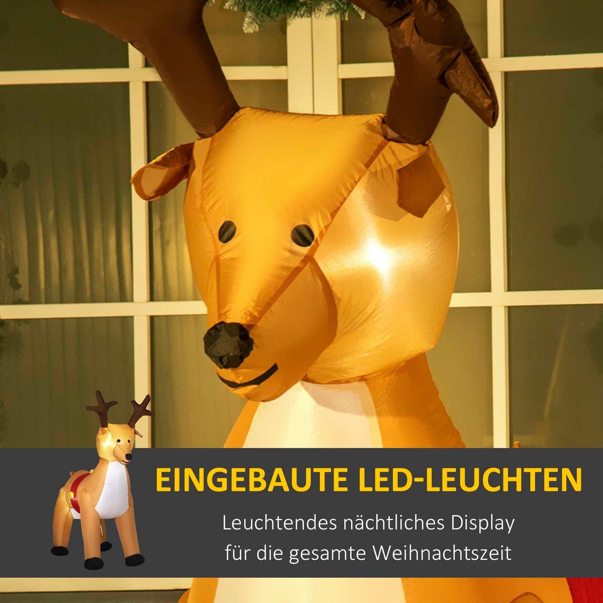 AUFBLASBARES Weihnachts-Rentier 180 cm aufblasbare Weihnachtsdeko mit LED - Gelb, Textil (80/180/155cm) - HOMCOM