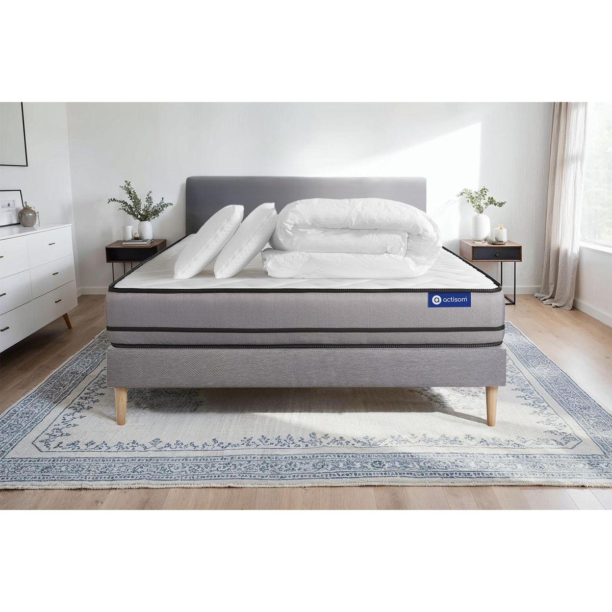 BETT Actilatex night Latex und Memory-Schaum 140 x 200 cm h4 - Kit Bettgestell Grau - Mit Kissen und Bettdecke - Beige/Grau, Karton/Holz (140/200cm) - ACTISOM
