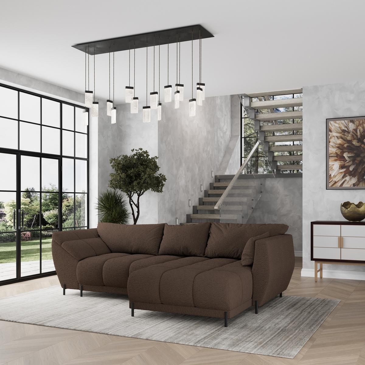 ECKSOFA VESTANO R-S Braun Boucle-Stoff mit Schlaffunktion - Braun, Holz (287/182cm) - MASSENO