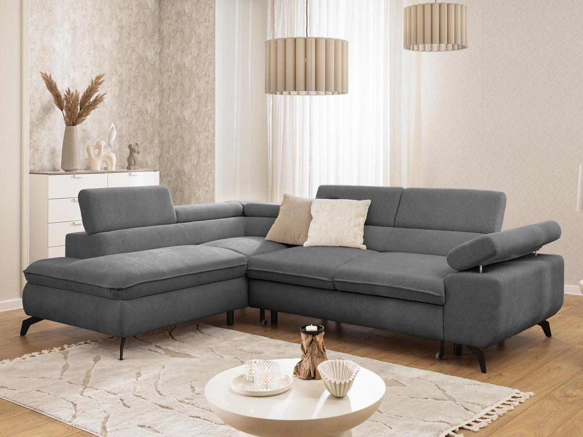 ECKSOFA mit Schlaffunktion und Bettkasten Bonnie aus Grau Chenille-Stoff mit verstellbaren Kopfstützen und Armlehne - Ottomane links - Schwarz/Grau, Holz/Textil (275/210cm) - S-Style Möbel