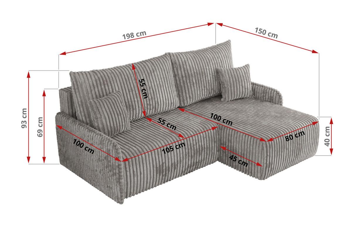 ECKSCHLAFSOFA ARPA L Grau Cord - links - Schwarz/Grau, Kunststoff/Textil (198/150cm) - MKS