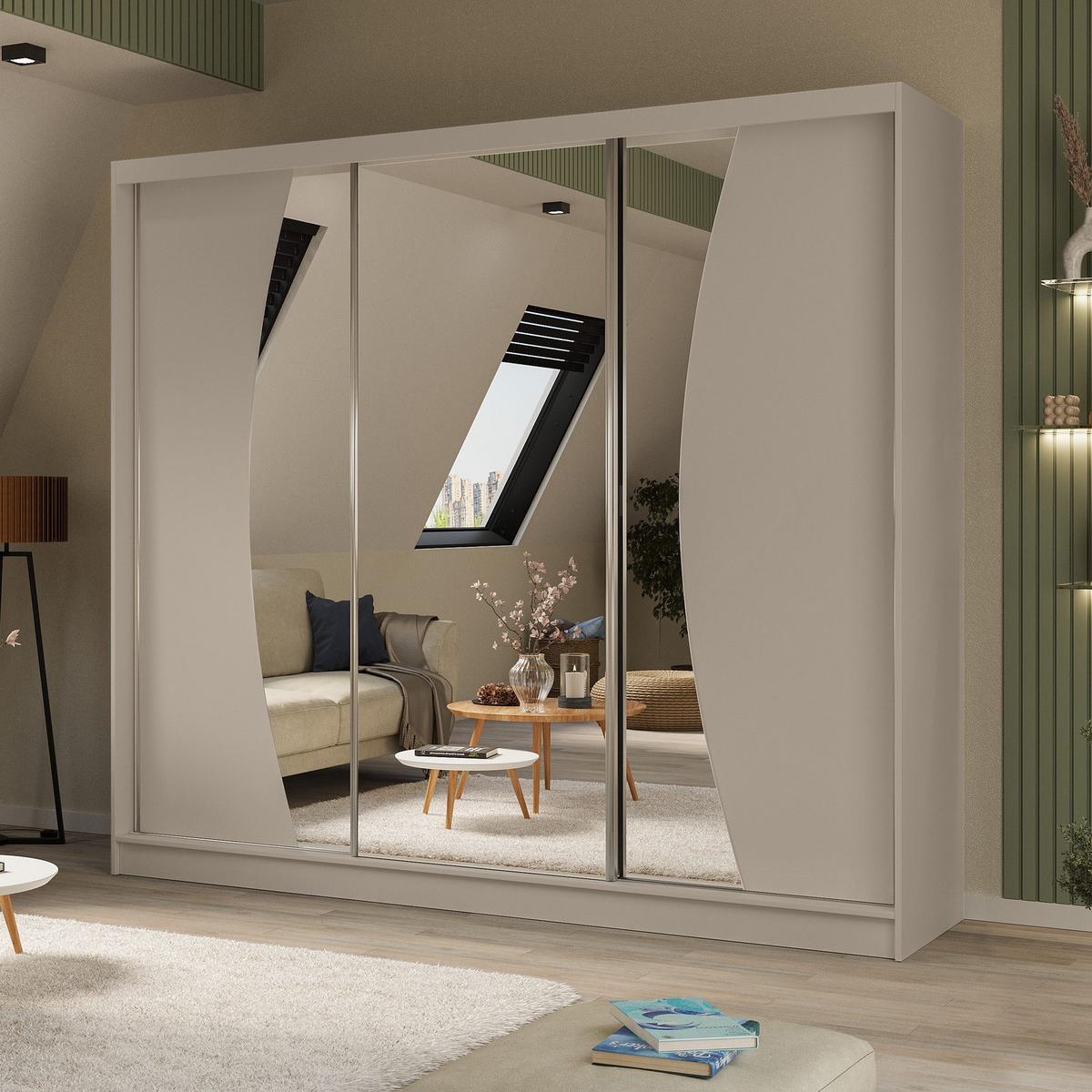 SCHWEBETÜRENSCHRANK Vox 240/216/61 kaschmir mit Spiegel und Schubladeneinsätze - Kaschmir, Holzwerkstoff (240/216/61cm) - Beautysofa
