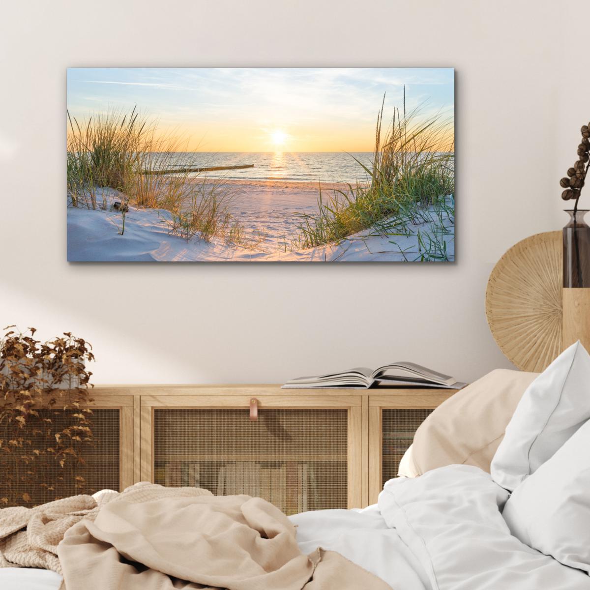 METALLBILD Strand - Sonne - Düne - Gras - Sand - Horizont 80x40 cm - Hellblau, Metall (80/40cm) - MuchoWow
