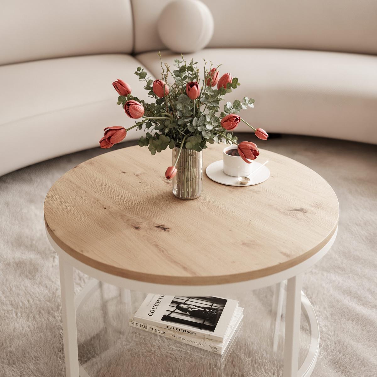 COUCHTISCH CANDY 60/42 cm runden, Weiß / Artisan-Eiche - Eiche Artisan/Weiß, Glas/Metall (60/60/42cm) - Idohome