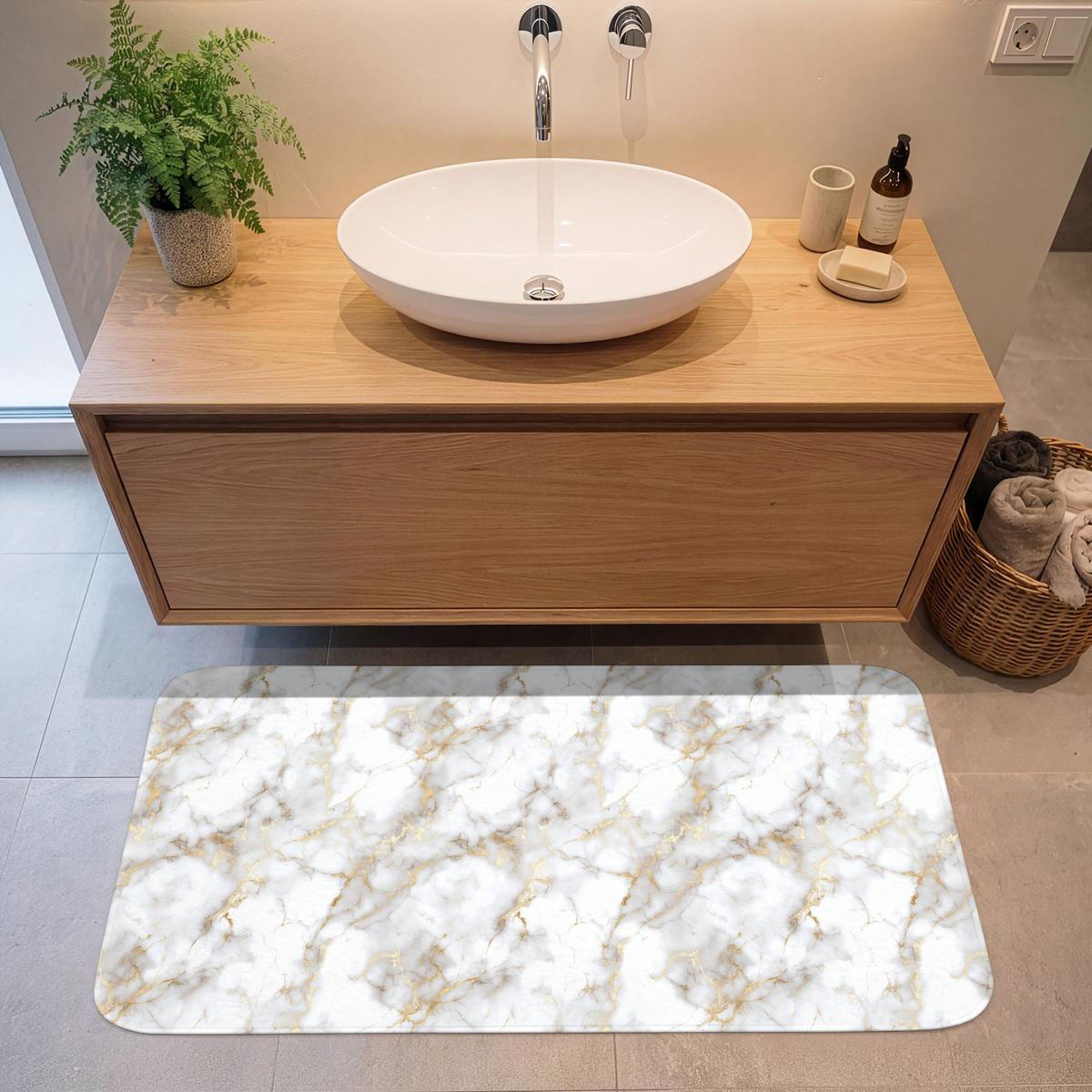 BADEMATTE Goldene Adern - Marmor - Weiß 120x60 cm - Weiß, Textil (120/60cm) - OnlyWow