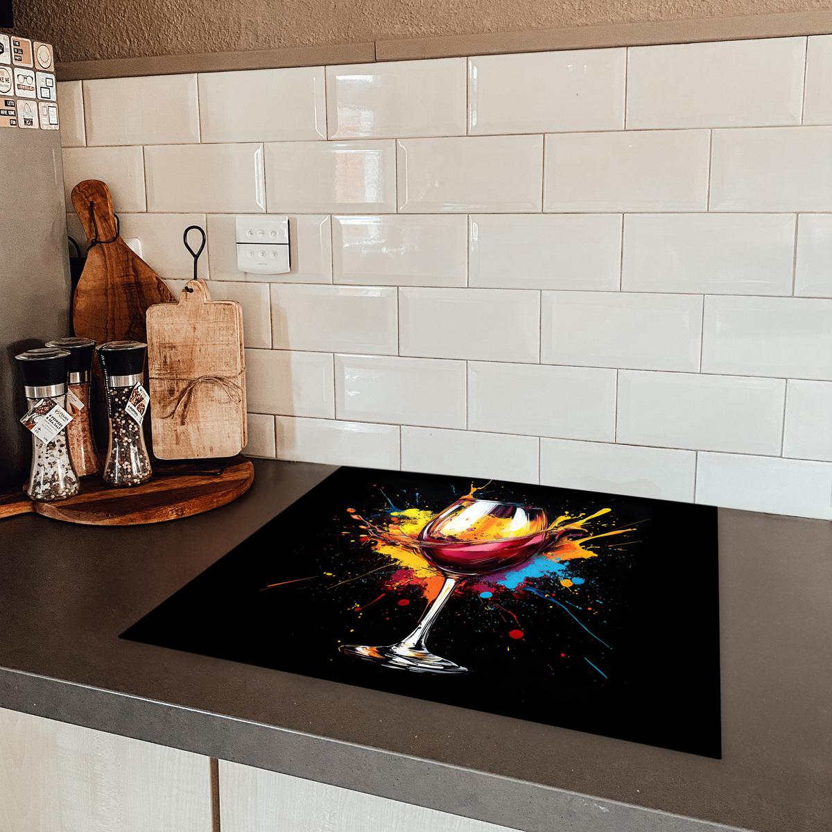 HERDABDECKPLATTE Wein - Glas - Graffiti - Getränk - Rot - Farbe Abdeckung Ceranfeld 59x51 cm - Weinrot, Kunststoff (59/51/0.2cm) - MuchoWow