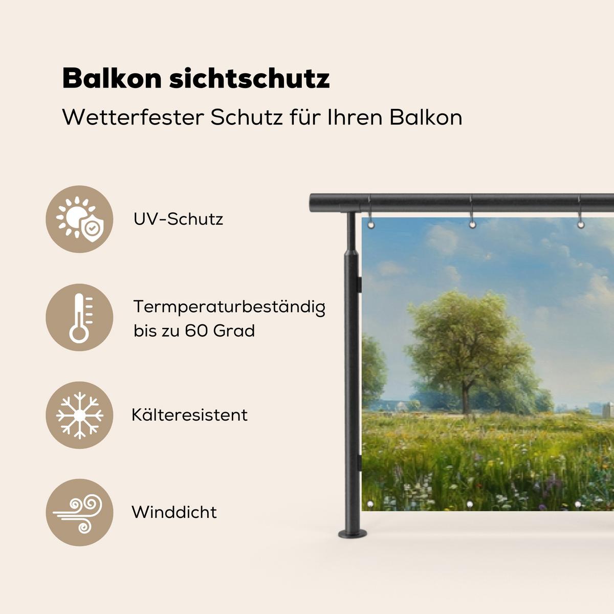 BALKON-SICHTSCHUTZ Kühe - Windmühle - Wiese - Blau Groß 500x80 cm - Grün, Kunststoff (500/80cm) - MuchoWow
