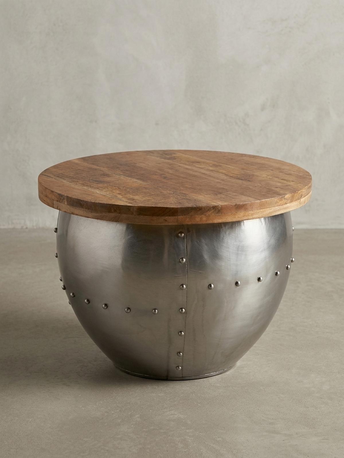 COUCHTISCH Rund in Braun, Massivholz und Metall, Industrial-Stil mit Stauraum - Silberfarben, Holz/Metall (60/60/43cm) - KADIMA DESIGN