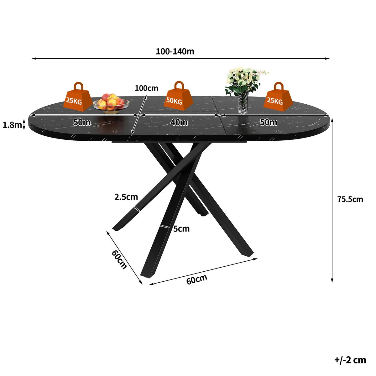 ESSTISCH ausziehbar 100–140 cm in Marmor-Optik & Schwarz - Schwarz, Holzwerkstoff (100/100/76cm) - Urban Meuble