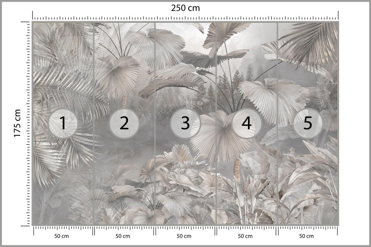 FOTOTAPETE für Wohnzimmer Tropische Blätter Dschungel Palmen Grau 250x175 - Beige/Grau, Papier (250/175cm) - Muralo