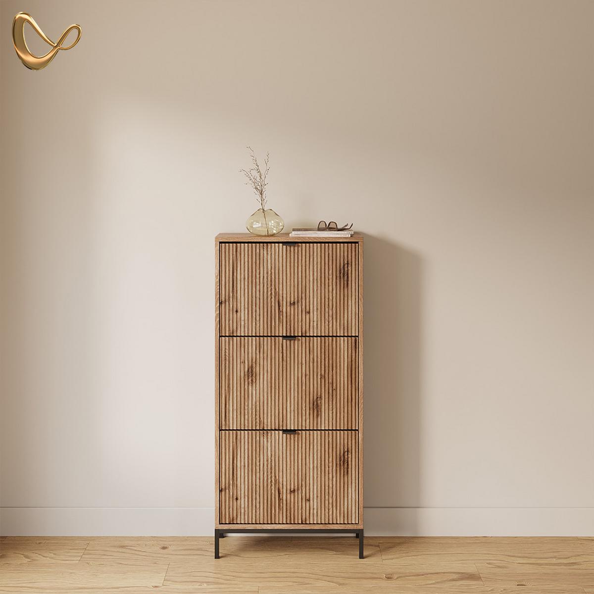 SCHUHKIPPER Aterno Viking Oak 60 x 130 cm mit 3 Klappschubladen - Eichefarben, Holzwerkstoff (60/130/24cm) - Livinity®