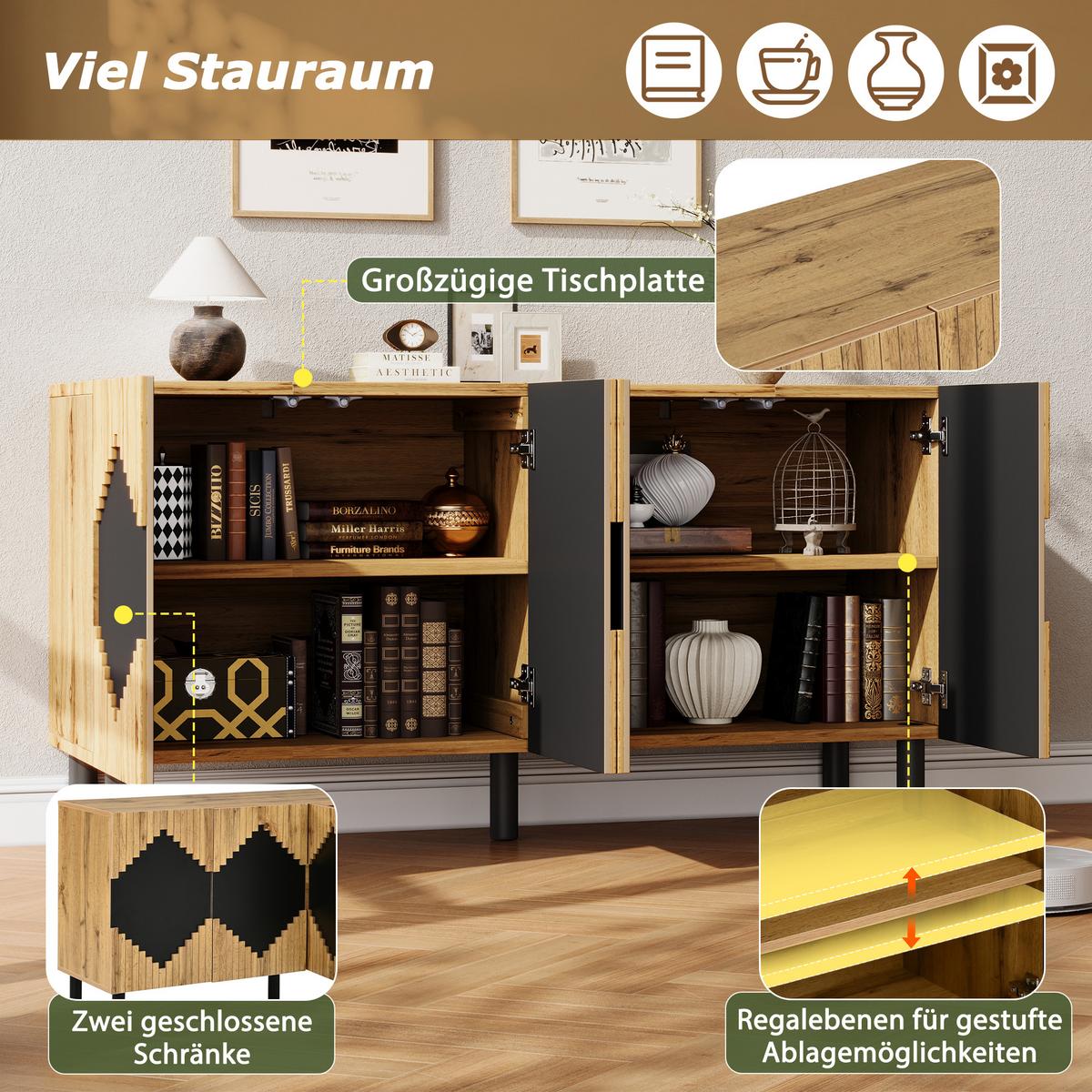 SIDEBOARD Holz/Schwarz 140cm mit 2 Türen & Rautenmuster - Naturfarben, Holzwerkstoff (140/70/40cm) - Urban Meuble