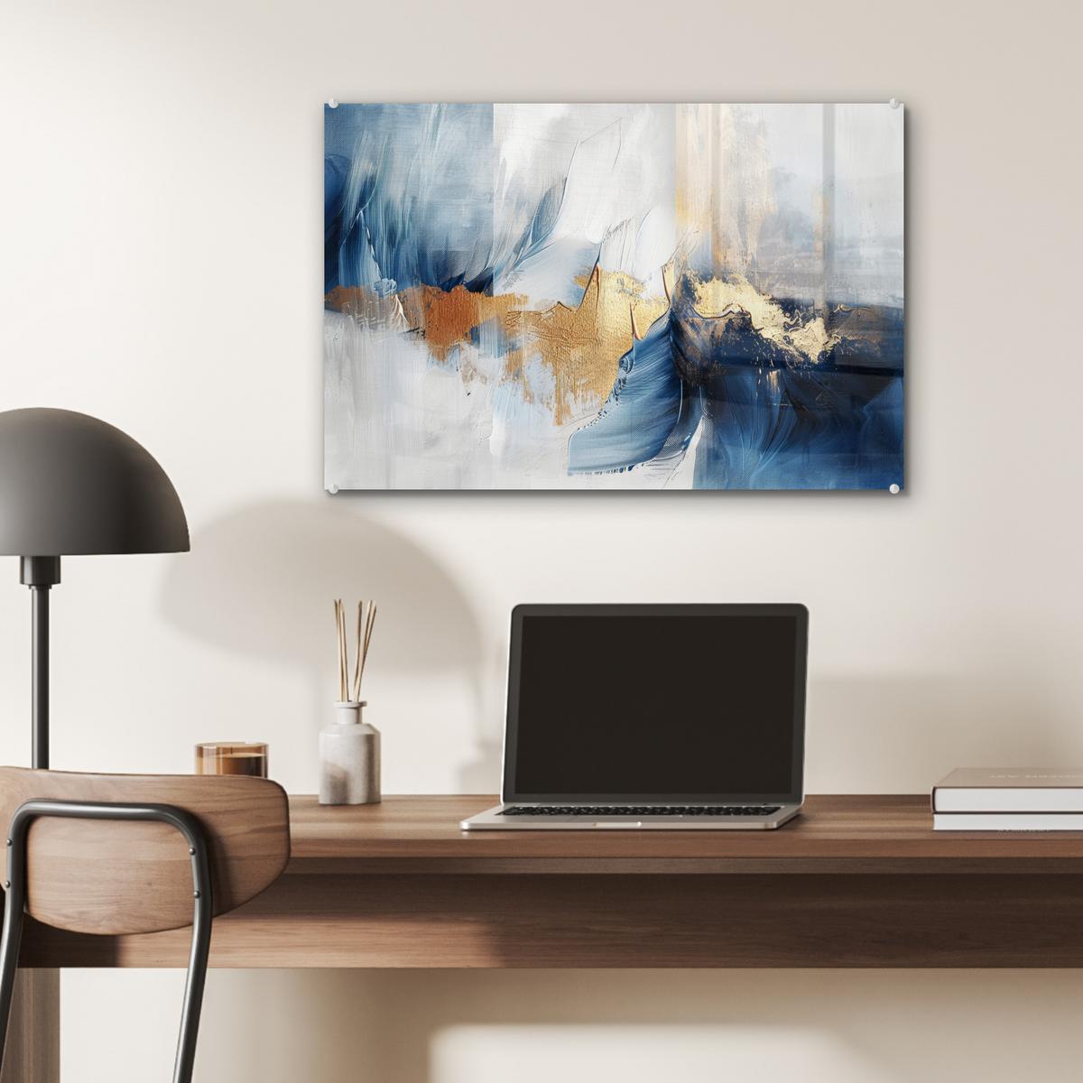 ACRYLGLASBILD Gold - Blau - Aquarell - Kunst - Modern Wanddeko 60x40 cm - Hellblau, Glas (60/40cm) - MuchoWow