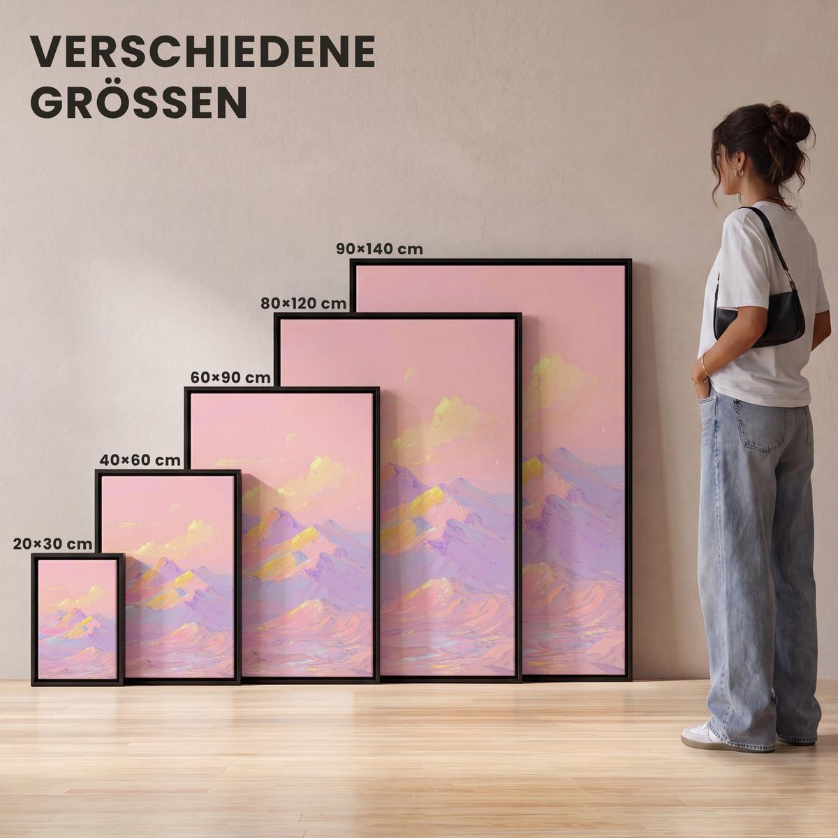 LEINWAND Bilder mit Rahmen - Berggipfel - Wolken - Verträumt - 90x140 - Hellrosa, Textil (90/140cm) - MuchoWow