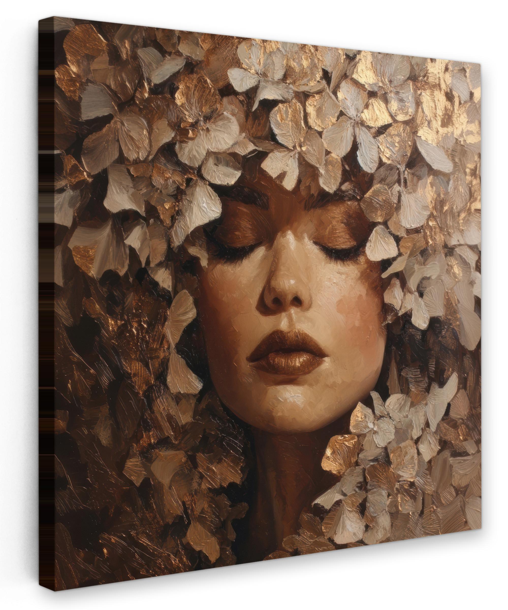 LEINWANDBILD Gesicht - Dame - Blätter - Pinselstriche Deko Groß 90x90 cm - Goldfarben, Textil (90/90cm) - MuchoWow