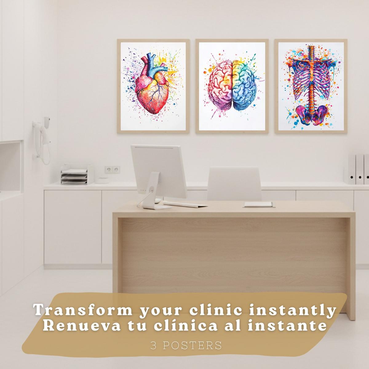 POSTER Set aus 3 Anatomie Mensch Drucke und Wandbilder mit Gehirn Herz Rippen Wirbelsäule Lebendiges Aquarell Design Größe Leichter Holzrahmen A4 - Beige, Papier (21/29.7/3cm) - Nacnic