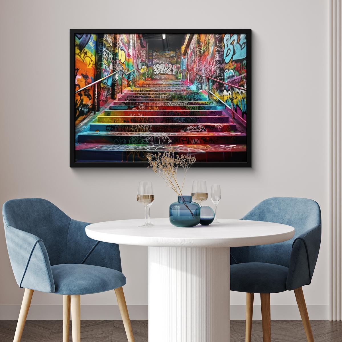 POSTER MIT RAHMENGERAHMTES BILD Treppe - Graffiti - Farben - Kunst 80x60 cm - Multicolor, Papier (80/60cm) - MuchoWow