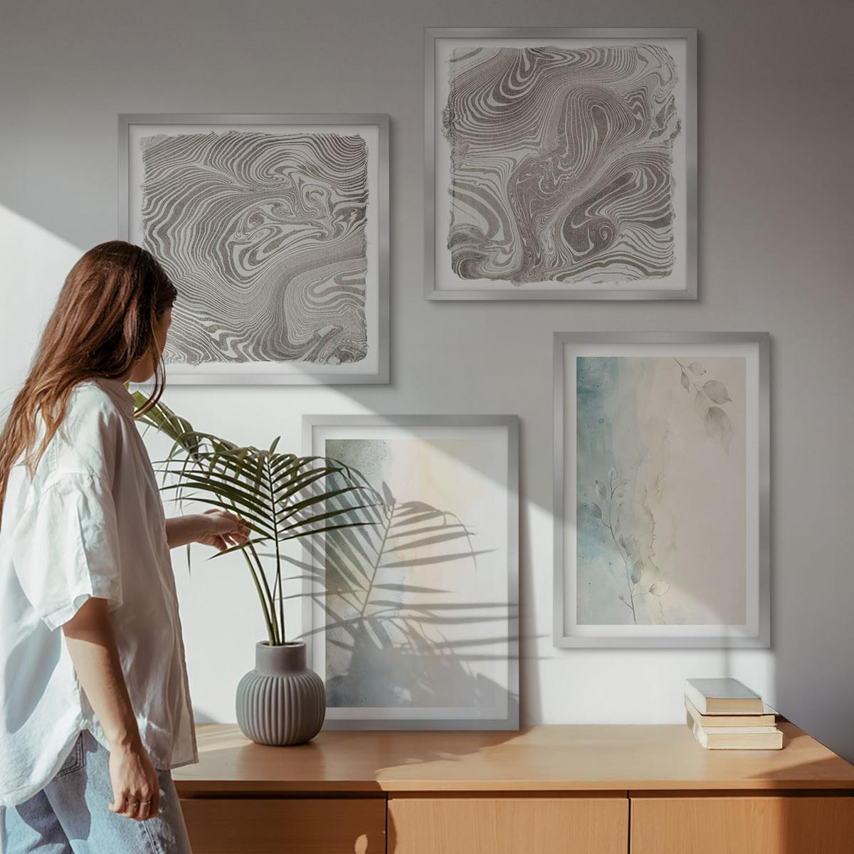 BILDER SET 4er Set - 50x50 cm & 40x60 cm Silberner Rahmen - Zarte Aquarellkartons - Silberfarben, Kunststoff (50/50cm) - TULUP