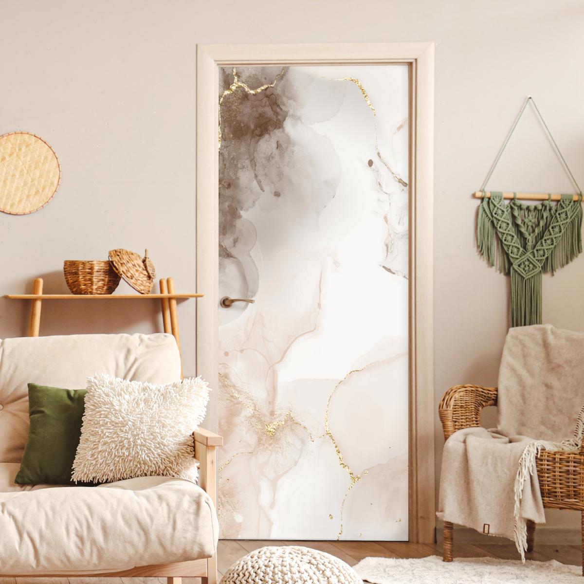 TÜRAUFKLEBER Marmor - Braun - Linie 90x215 cm - Türtapete - Champagner, Kunststoff (90/0.1cm) - MuchoWow